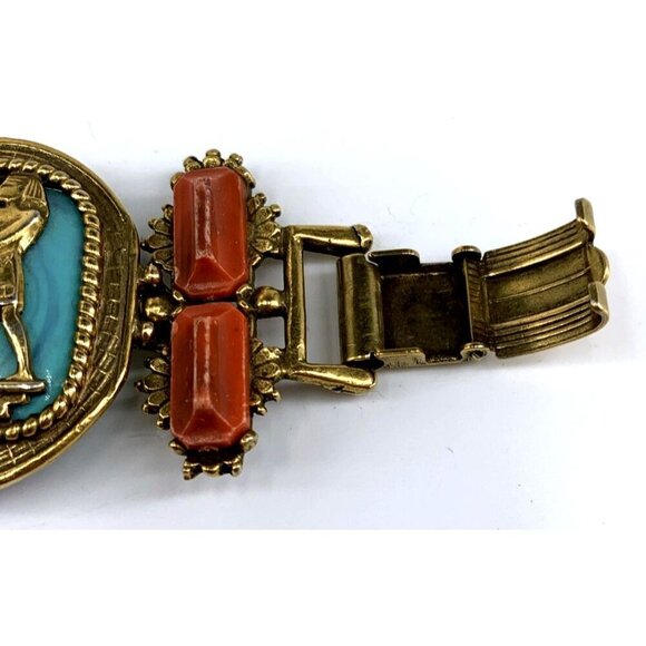Egyptian Revival Bracelet 7" Unsigned Statement PIece Vintage Metal Plastic - Picture 5 of 11